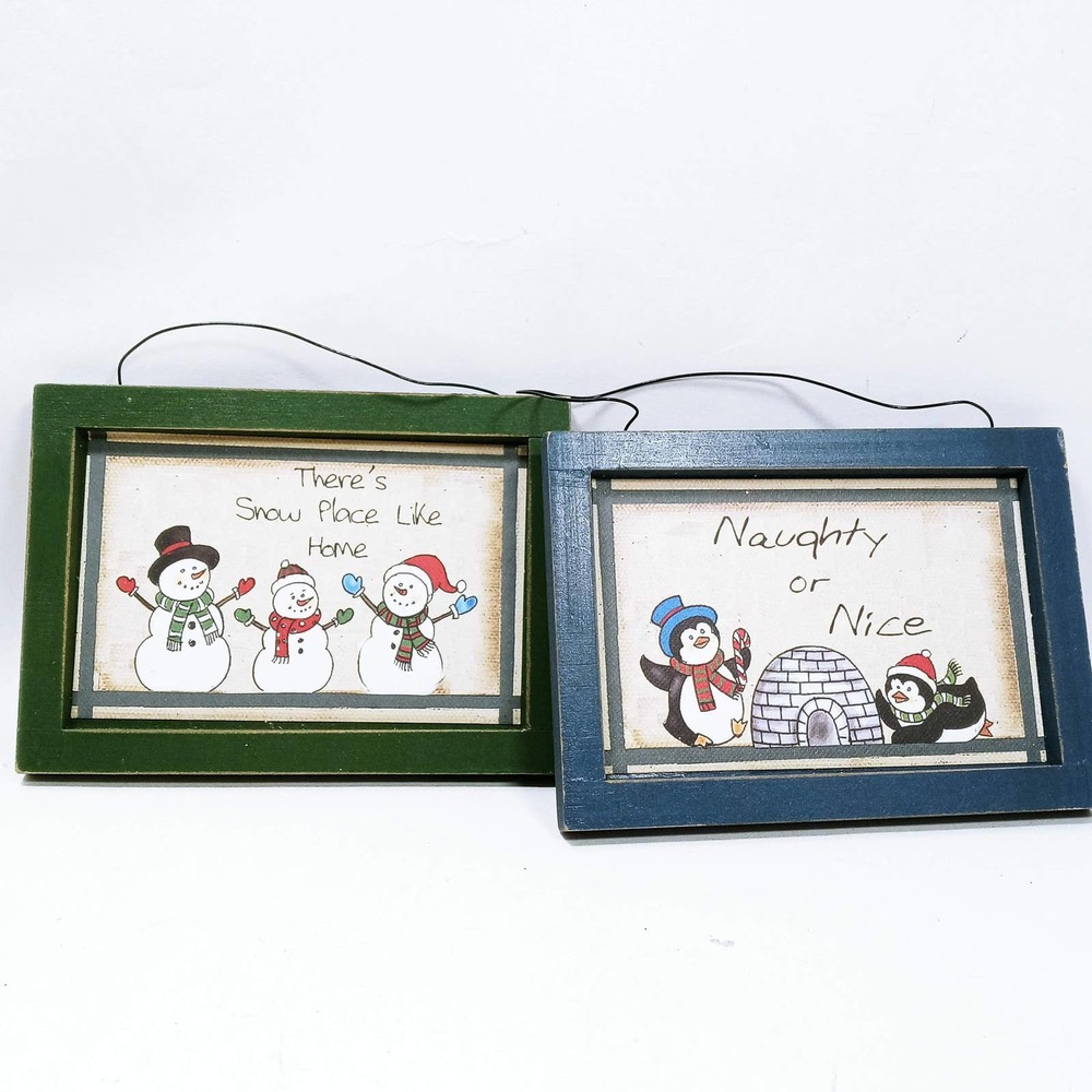 Vintage Christmas Snowman & Penguin Framed Wall Art Set of 2 ( cb y)